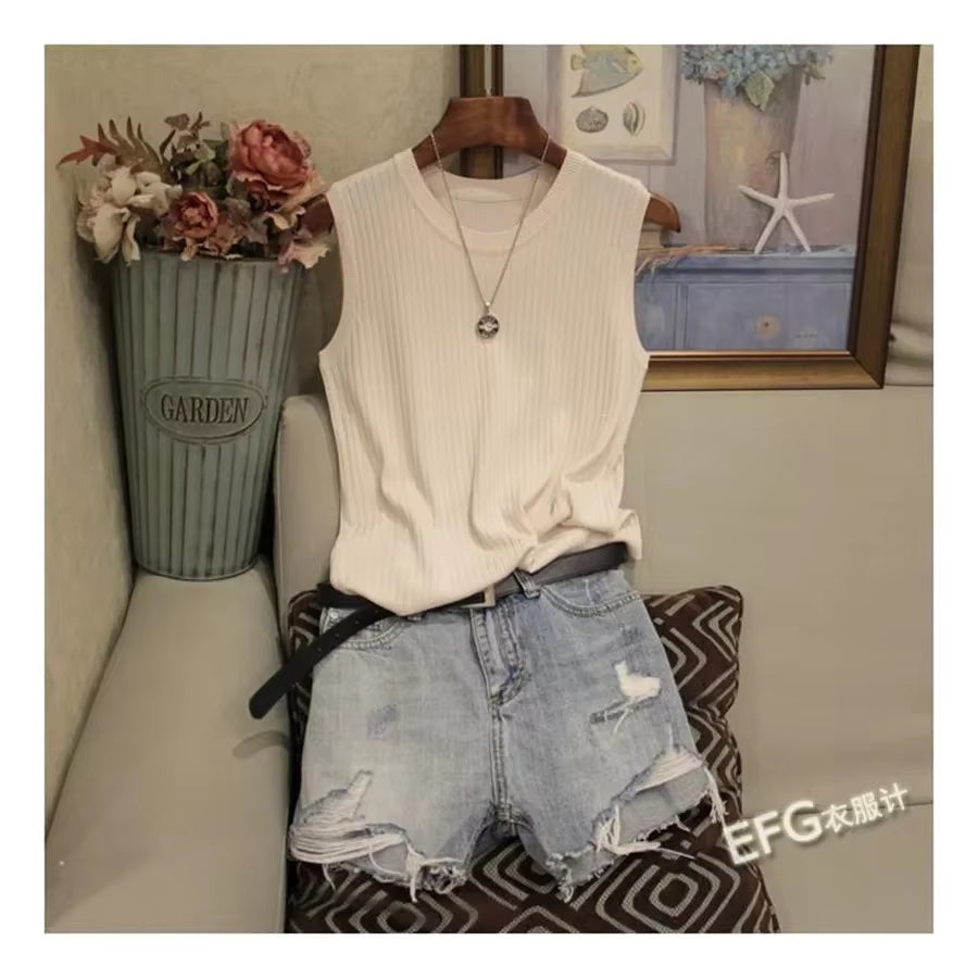 Summer Sleeveless Blouse Women O-Neck Knitted Blouse Shirt Women Clothes Women Tops