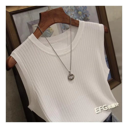 Summer Sleeveless Blouse Women O-Neck Knitted Blouse Shirt Women Clothes Women Tops DF4903