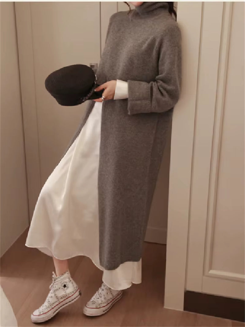 Women Dress Sweater Women Dress Thick Winter Fall Long Sleeve Knitted Dresses Maxi Vintage Oversize Knitting Turtleneck Black