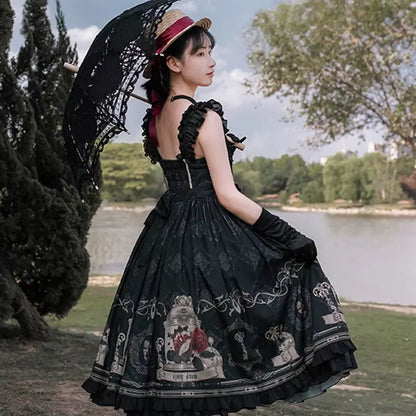 MAGOGO Summer Nightingale and Rose Gothic Lolita Dress Costume Women New Fashion Cool Girl Bow Sleeveless Black Suspender Dress