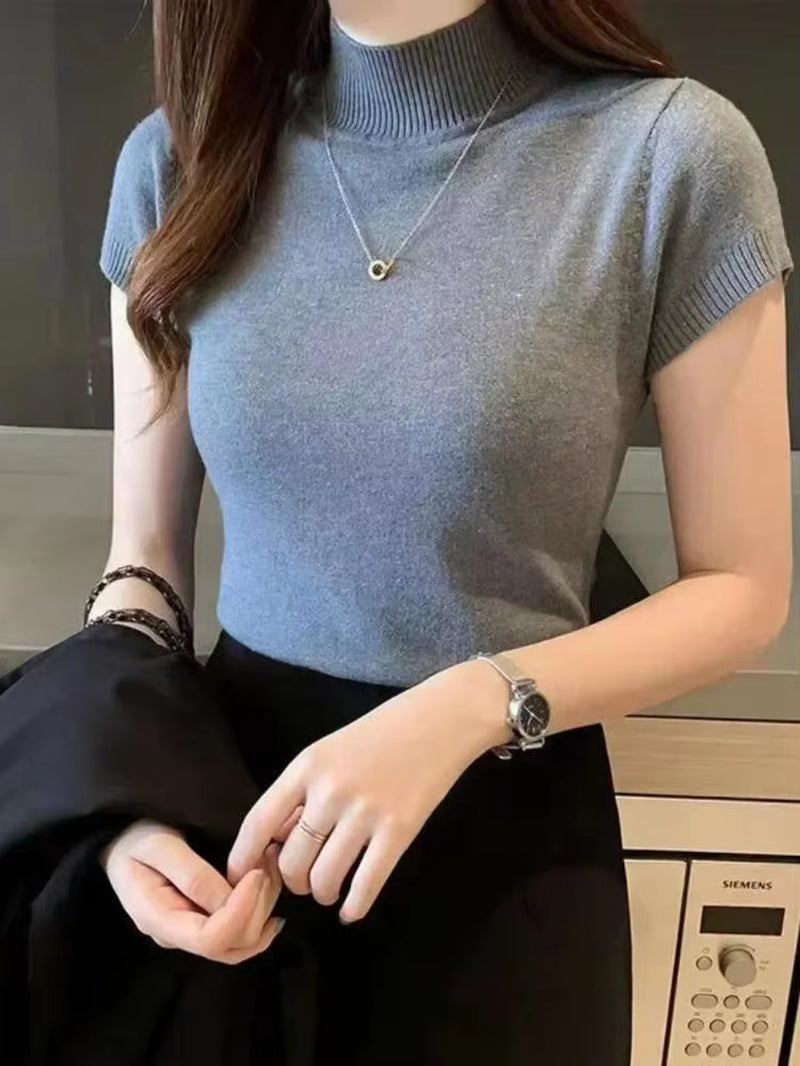 Women'S Half-High Neck T-Shirt Fashion Jumper Casual Tops Korean Style Elegant Solid-Coloured Clothing Spring and Summer Season