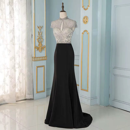 Elegant Black Crystals Mermaid Evening Dresses Long Cap Sleeve Formal Evening Gown