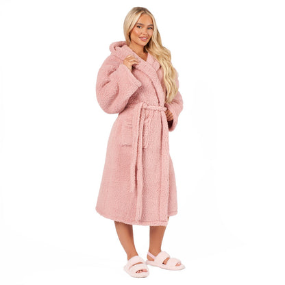 Teddy Fleece Long Dressing Gown Ladies Warm House Coat Hooded Long Cosy Robe