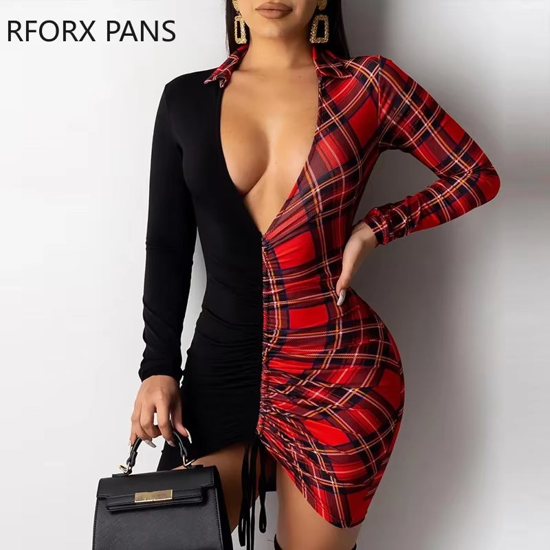 Grid Print Insert Drawstring Bodycon Dress Women Dress