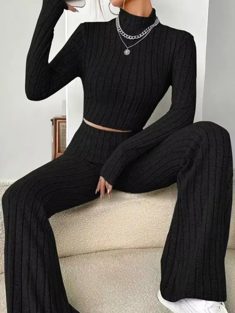 Women Fashion Solid Color Streetwear Autumn Winter Elegant round Neck Tops Loose Pants Suit Casual Holiday Sport Two Piece Sets