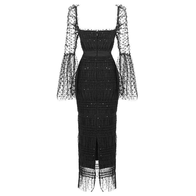 New Arrive Dot White/Black Women Dress Sequins Mesh Splicing Midi Dress