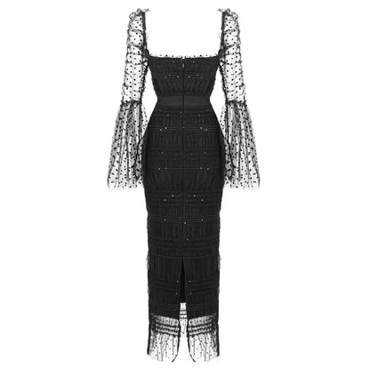 New Arrive Dot White/Black Women Dress Sequins Mesh Splicing Midi Dress