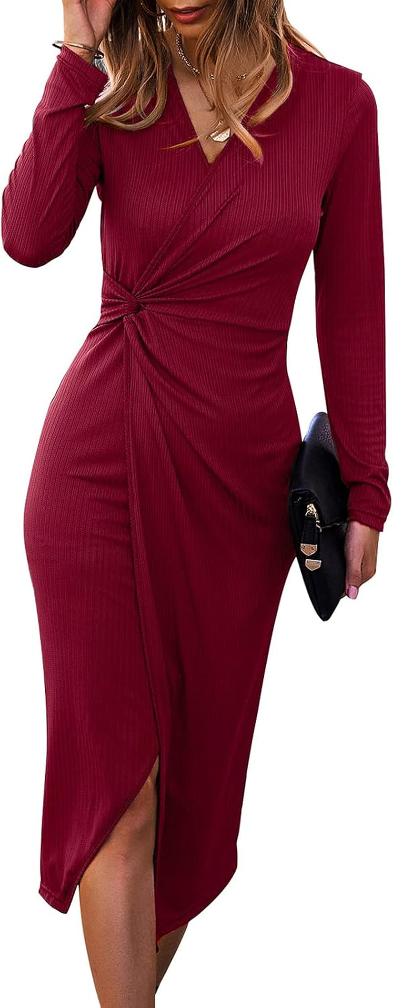 Women'S Long Sleeve Dress: Midi Casual V Neck Dresses Twist Waist Ribbed Knit Bodycon Slit Cocktail Party Dress