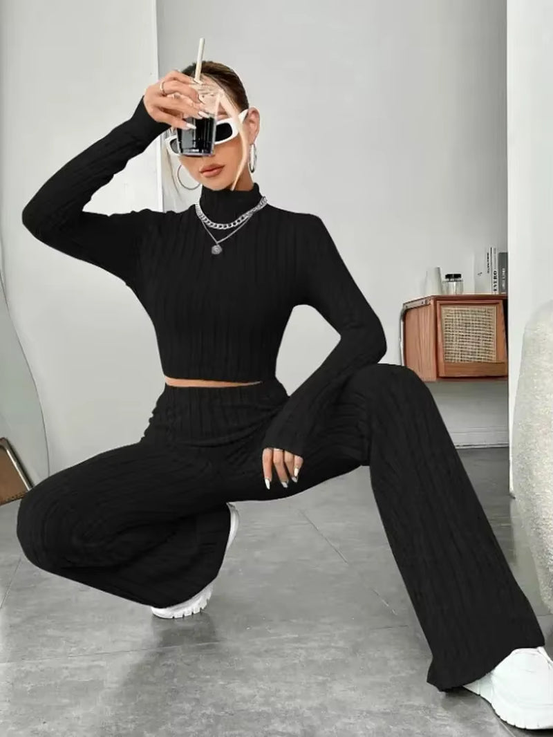 Women Fashion Solid Color Streetwear Autumn Winter Elegant round Neck Tops Loose Pants Suit Casual Holiday Sport Two Piece Sets