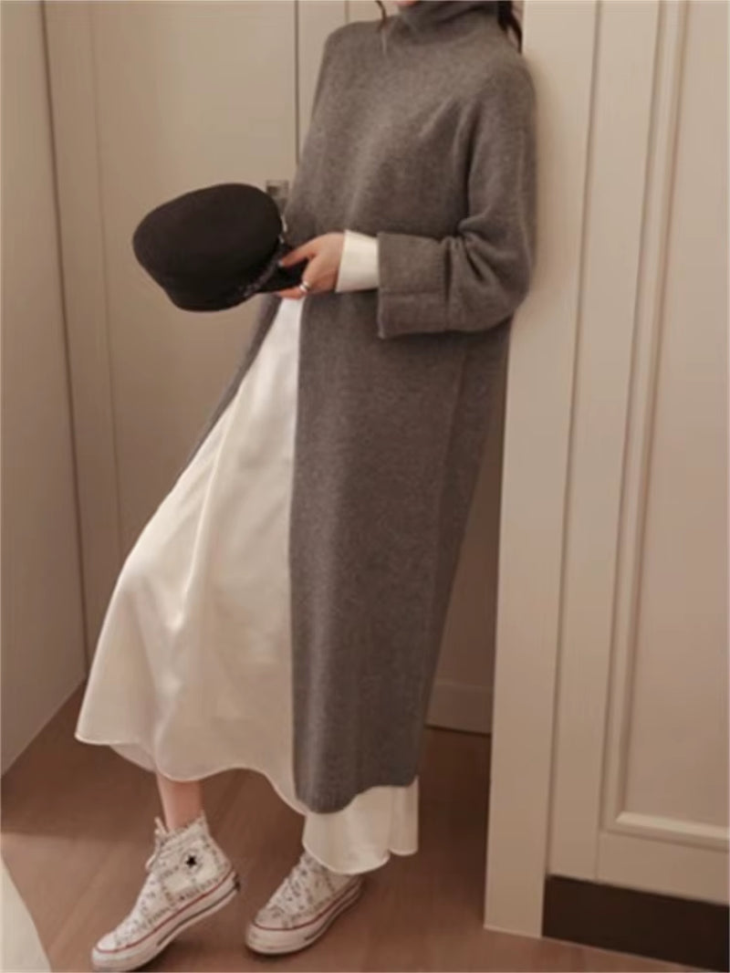 Women Dress Sweater Women Dress Thick Winter Fall Long Sleeve Knitted Dresses Maxi Vintage Oversize Knitting Turtleneck Black