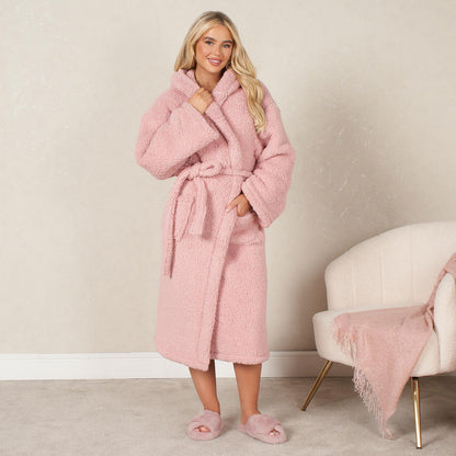 Teddy Fleece Long Dressing Gown Ladies Warm House Coat Hooded Long Cosy Robe