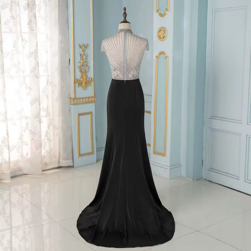 Elegant Black Crystals Mermaid Evening Dresses Long Cap Sleeve Formal Evening Gown