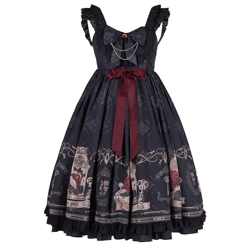 MAGOGO Summer Nightingale and Rose Gothic Lolita Dress Costume Women New Fashion Cool Girl Bow Sleeveless Black Suspender Dress