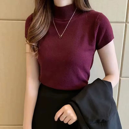 Women'S Half-High Neck T-Shirt Fashion Jumper Casual Tops Korean Style Elegant Solid-Coloured Clothing Spring and Summer Season