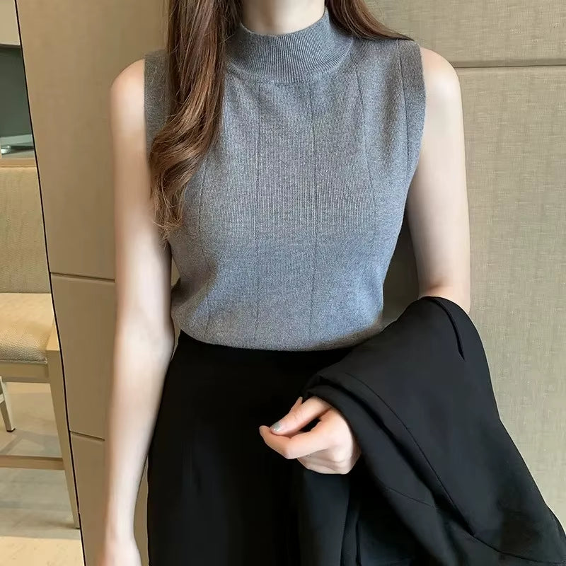 Korean Fashion Ladies Tops Spring New Summer Women Tops Casual Clothes Sleeveless Solid Women Blouse Knit Elastic Blusas