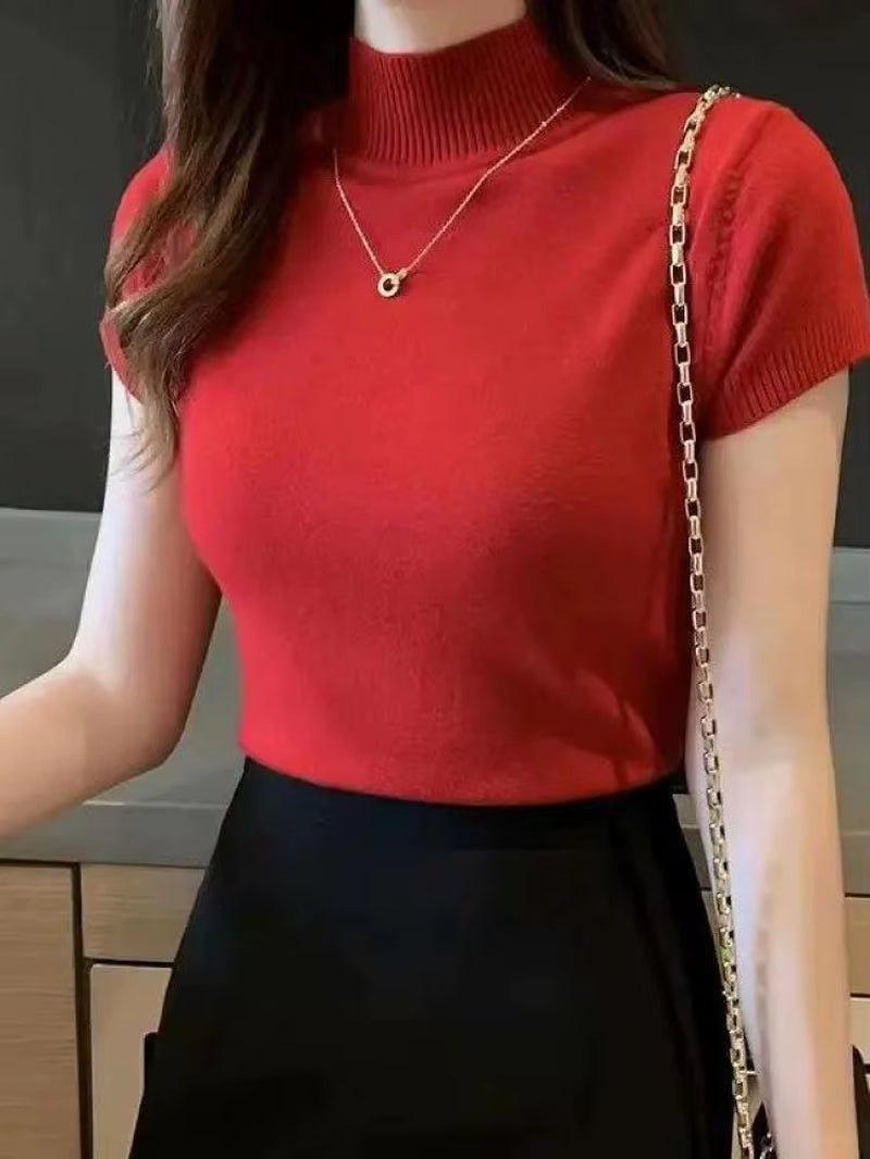 Women'S Half-High Neck T-Shirt Fashion Jumper Casual Tops Korean Style Elegant Solid-Coloured Clothing Spring and Summer Season