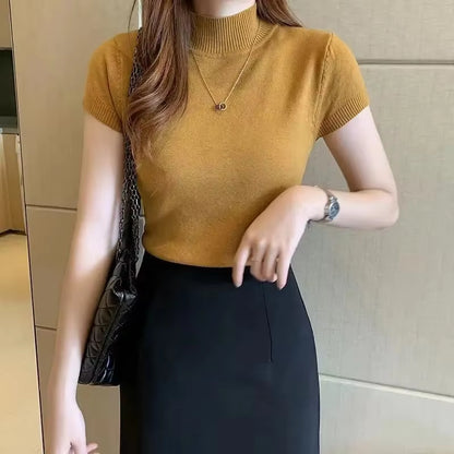 Women'S Half-High Neck T-Shirt Fashion Jumper Casual Tops Korean Style Elegant Solid-Coloured Clothing Spring and Summer Season