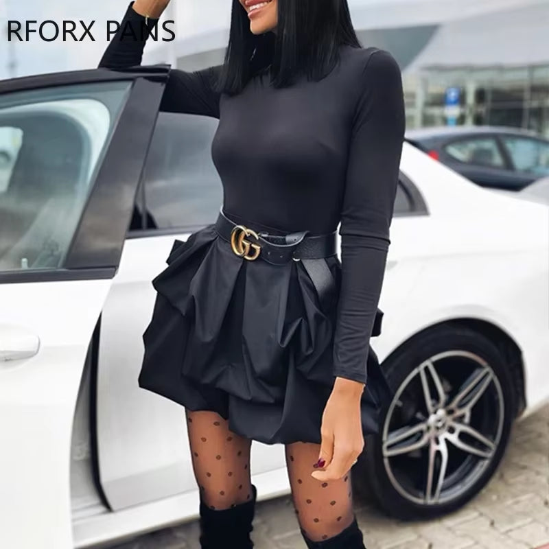 Solid Long Sleeve Mini Party Black Dress Women Dress