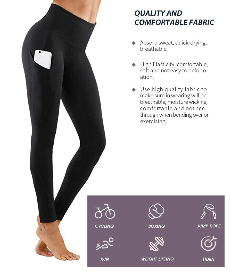 Women High Waist Gym Leggings Pocket Fitness Sports Running Ladies Yoga Pants UK