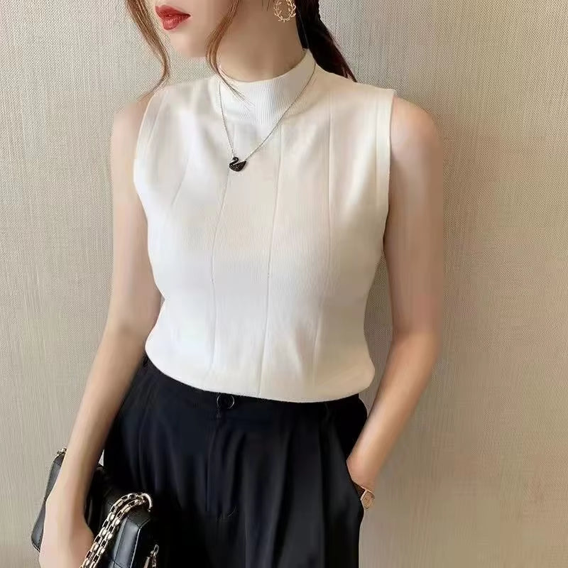 Korean Fashion Ladies Tops Spring New Summer Women Tops Casual Clothes Sleeveless Solid Women Blouse Knit Elastic Blusas