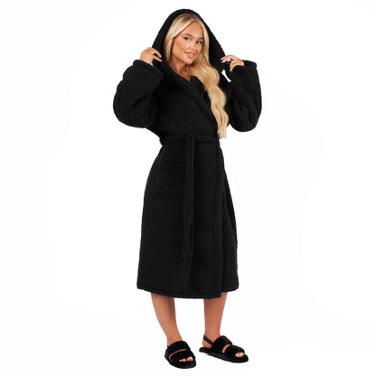 Teddy Fleece Long Dressing Gown Ladies Warm House Coat Hooded Long Cosy Robe