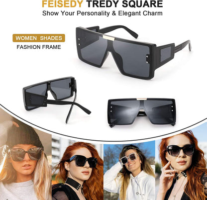 Square Oversized Flat Top Sunglasses with Side Lens Integrated for Women Men B4028