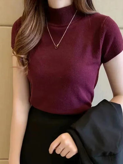 Women'S Half-High Neck T-Shirt Fashion Jumper Casual Tops Korean Style Elegant Solid-Coloured Clothing Spring and Summer Season