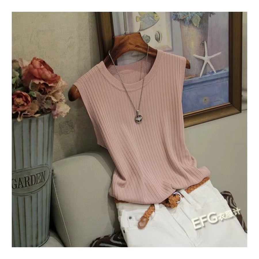 Summer Sleeveless Blouse Women O-Neck Knitted Blouse Shirt Women Clothes Women Tops DF4903