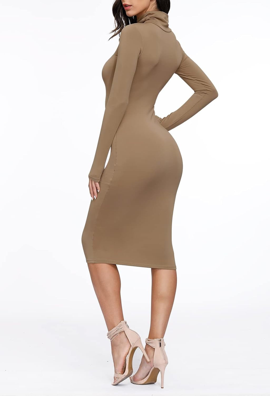 Womens Sexy Knit Dress High Neck Long Sleeve Bodycon Cutout Midi Dresses