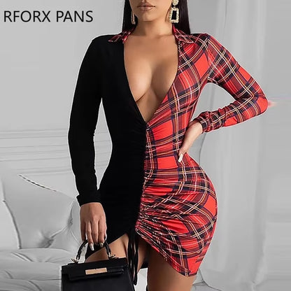 Grid Print Insert Drawstring Bodycon Dress Women Dress