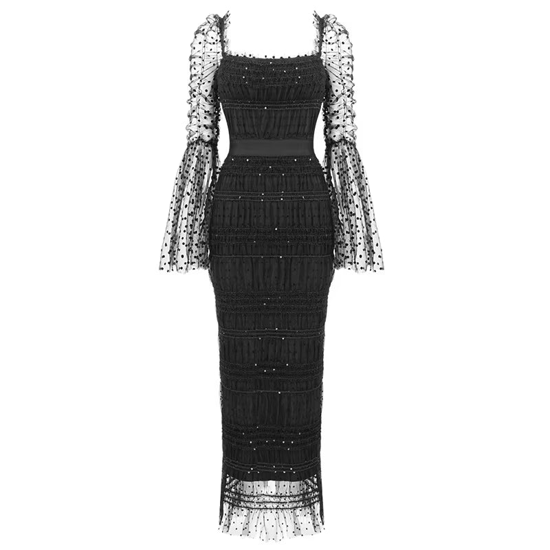 New Arrive Dot White/Black Women Dress Sequins Mesh Splicing Midi Dress