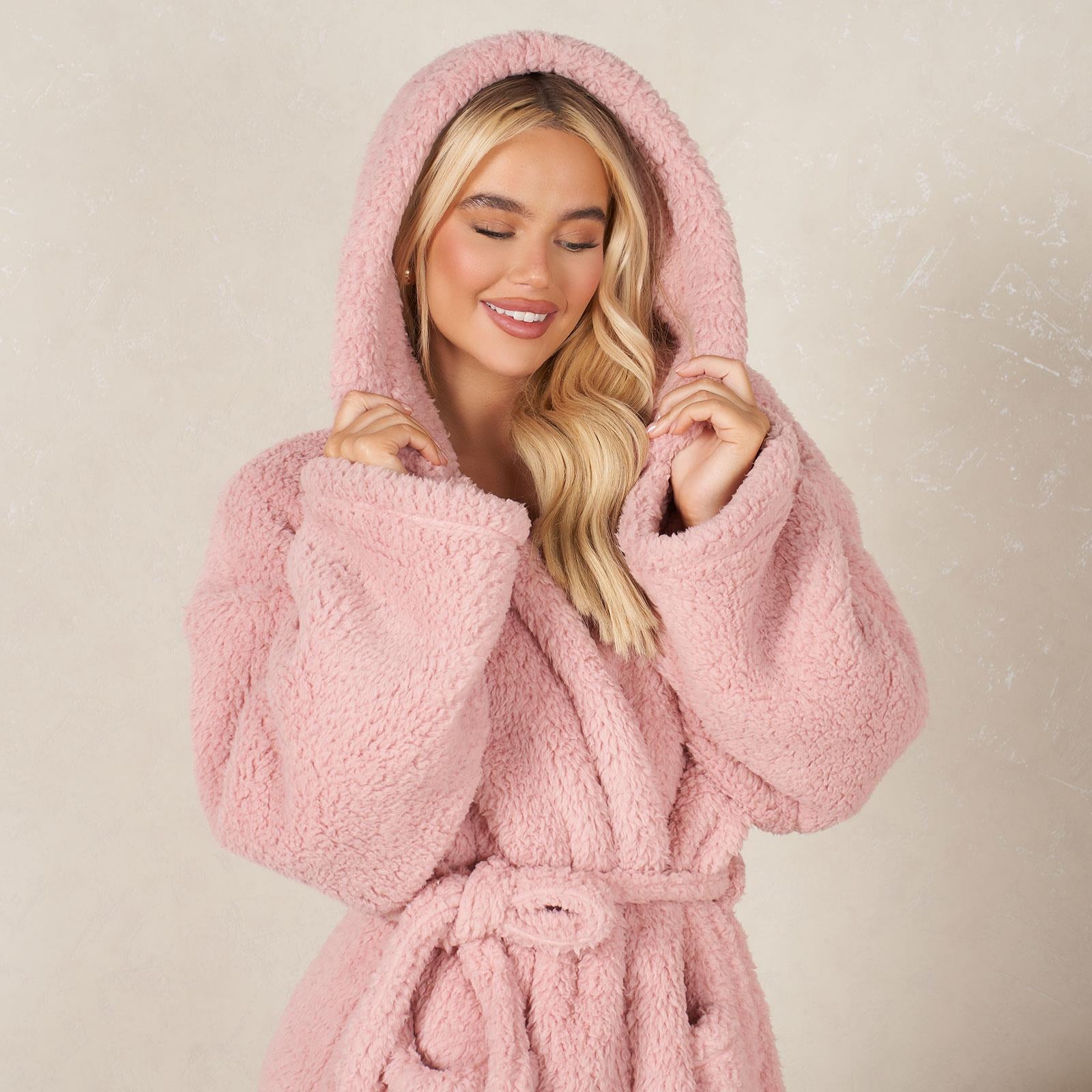 Teddy Fleece Long Dressing Gown Ladies Warm House Coat Hooded Long Cosy Robe